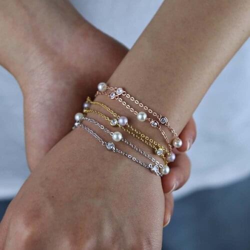 Trendy 925 Sterling Silver Double Layers Chain Bracelet Bezel Oval Round CZ Simple Dainty Elegant Chain Bracelets for Women Hand