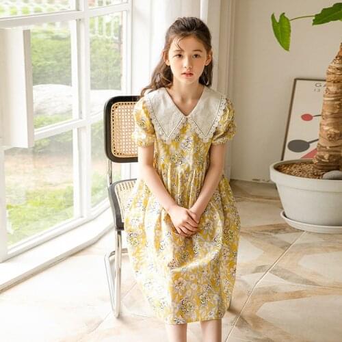 Floral Kids Dress 2021 New Girls Summer Teen Children Cotton Dresses Korean Baby Clothes Princess Puff Sleeve,#6320