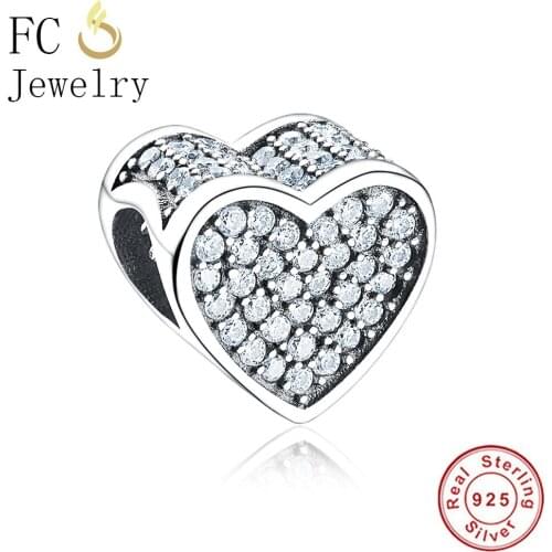 FC Jewelry Fit Original Brand Charm Bracelet 925 Sterling Silver Heart Pave Cubic Zirconia Beads Making Reflexion Berloque DIY