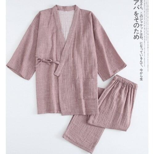 Cotton Kimono Pink Solid V Neck Pajamas Pijama Hombre Verano Japanese Robe Kimono Vintage Roomwear 2 Piece Pajama Set