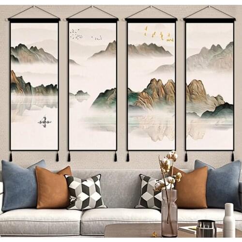 4pcs Chinese Style Landscapes Scroll Hanging Painting Wall Art Canvas Posters Living Room Home Decor Scenery Decorative Painting