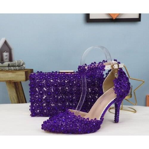 Purple Lace Flower Wedding Shoe And Bag Set Crystal Heels Pointed Toe Ankle Strap Ladies Party shoe with matching bag Lace-up