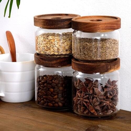 Round Mouth Glass Airtight Canister Clear Jars Cereal Container Food Storage Bottles Coffee Tea Storage Jar Can with Wood Lids