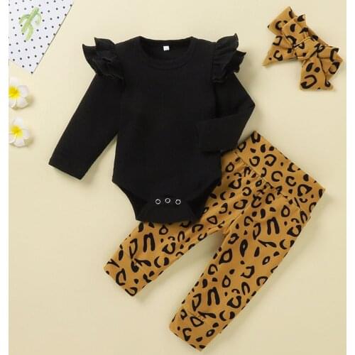 Menoea 3Pcs Newborn Baby Girl Clothes Set Knitting Solid Long Sleeve Rompers Leopard Pants Headband Outfits Infant Clothes 6-24M