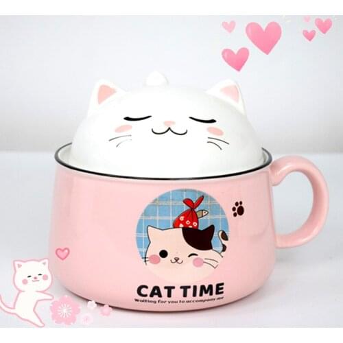 Large Capacity Creative Instant Noodle Bowl, Cute Ceramic With Lid, Girl Dormitory Student Office, Cartoon Bowl With Handle