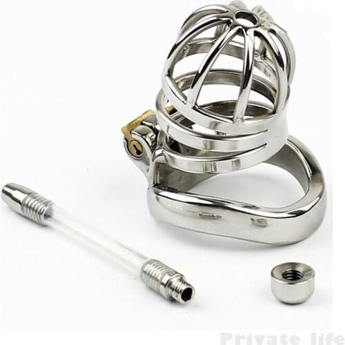 New 304 Stainless Steel Male Chatity Cage With Urethral Catheter, Chastity Belt Penis Cage Cock Ring Metal Male Chastity Device