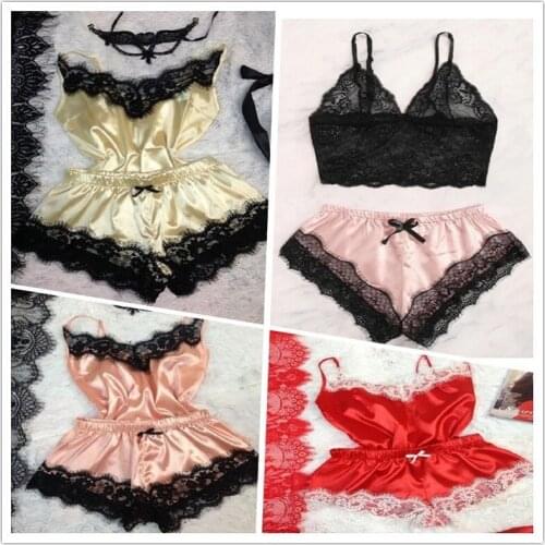 2020 new women bow sleepwear sleeveless strap nightwear lace trim satin cami top pajamas sets femme sexy lingerie pajamas