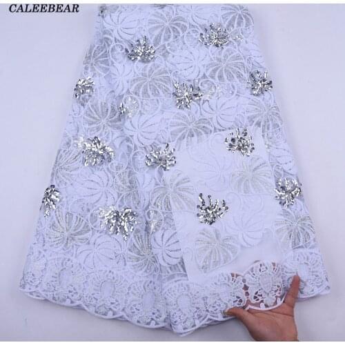 2021 Latest White African Sequin Lace Fabric Embroidery French Mesh Lace Fabric With Sequins Nigerian Tulle Lace For Party S2041
