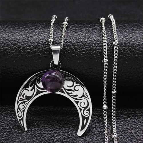 Bohemia Purple Crystal Moon Stainless Steel Charm Necklaces Women Silver Color Statement Necklace Boho Jewelry bijoux N565S04