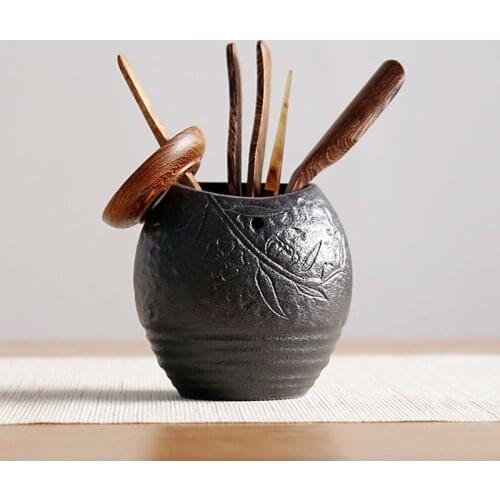 Traditional Chinese Black Porttery Vase Ceramic Container for Tea Accessories