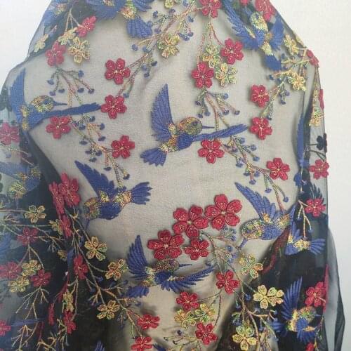 High quality black mesh fabric for dress Three dimensional Cherry Blossom bird embroidery fabric High end dress clothing tissu