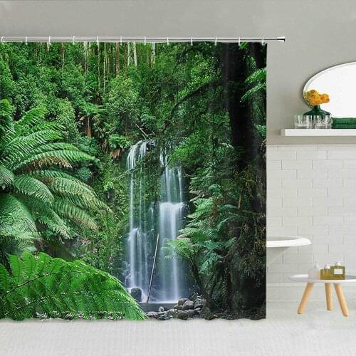 Tropical Rainforest Scenery Shower Curtain Plant Green Leaves Waterfall Bathroom Bath Decor Waterproof Fabric Hooks Curtains Set