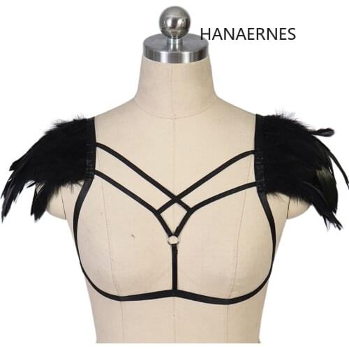 Woman Black Punk Goth Style Elastic Harness Bra Belts Sexy Feather Lingerie Body Bondage Caged Bralette Gothic Harness Bra