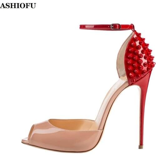 ASHIOFU Handmade 120mm High Heel Ladies Sandals AINA-rivets Spikes Party Summer Shoes Sexy Evening Club Fashion Sandals Shoes