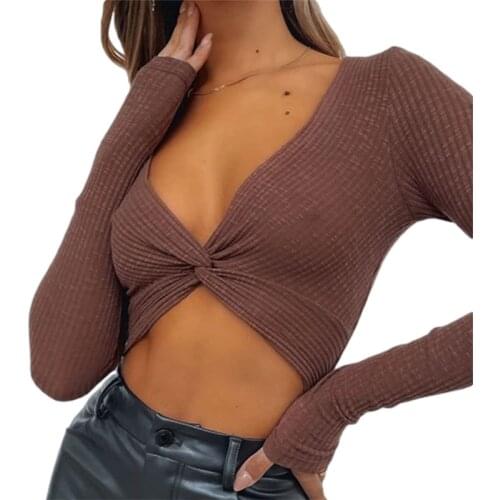 Women Ribbed Knitted Slim Crop Tops Solid Color Deep V-Neck Long Sleeve T-Shirt for Spring Summer Brown/Black/Purple/Grey S/M/L