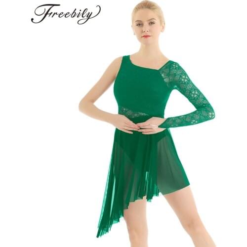 Women Lyrical Dance Costumes Single Long Sleeve Asymmetrical Lace Figure Skating Dress Adults Gymnastics Ballet Leotard