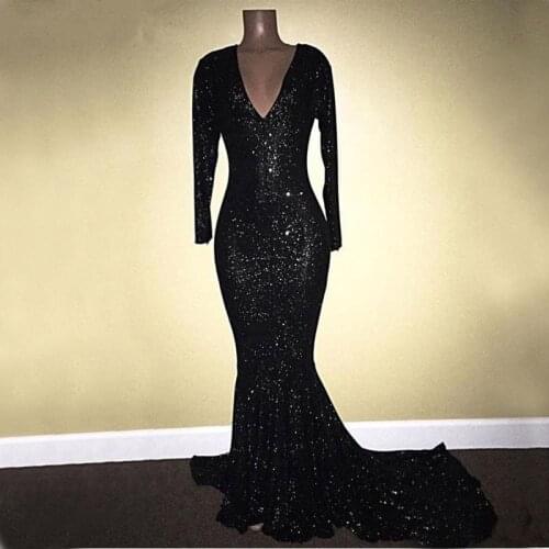 Black Evening Dresses Mermaid V-neck Long Sleeves Sequins Sparkle Dubai Saudi Arabia Long Prom Dress Gown Robe De Soiree