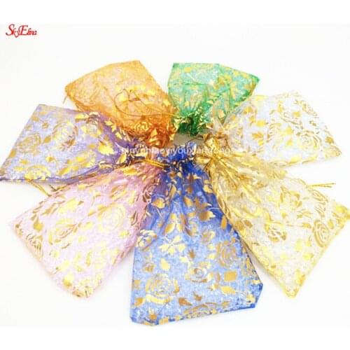 100Pcs 13x18cm Rose Bronzing Organza Bag Gift Jewelry Packaging Transparent Gauze Bag Organza Bags Wedding Pouches 5Z