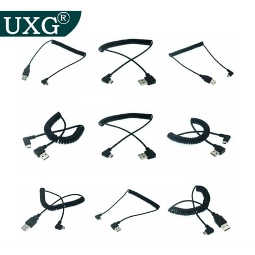 90 degree Left Right Angled 2A Spring USB Cable Micro Mini USB C Type C Fast Charging Cable USB C Phone Charger Cord Cable