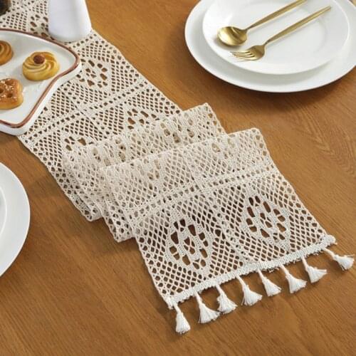 Beige Crochet Lace Hollow Boho Table Runner with Cotton Tassel Mesh Tablecloth for Rustic Wedding Festival Xmas