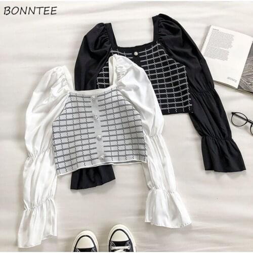 Blouse Women Puff Sleeve Leisure Plaid Sexy Ladies Tops Square Collar Slim Harajuku All-match Party Sweet Girls Korean Style Ins