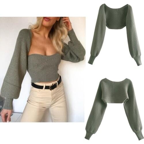 Womens Open Front Bolero Shrug,2021 New Style Sexy Fashion Knitted BlouseSolid color Long Lantern Sleeve Shawl Cardigan