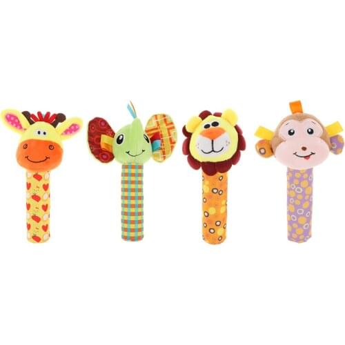 Baby Cartoon Monkey Hand Rattle Plush Animal Handbell Squeaker BB Bar Toys Infant Toddler Sound Sensory Developmental Toy
