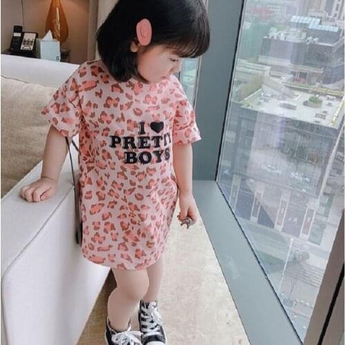 Kids Girls New Fashion Cotton Cartoon Leopard Pattern Dresses Short Sleeve Summer T-shirt For Beach Party Princess Dress