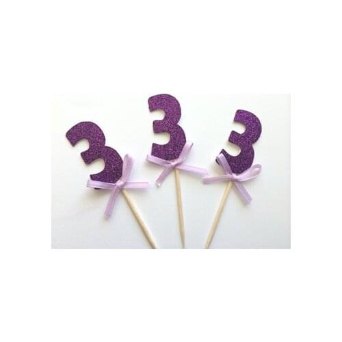 Purple Glitter number Cupcake Toppers Birthday wedding bridal Shower Bachelorette party treat food picks decoration BT003