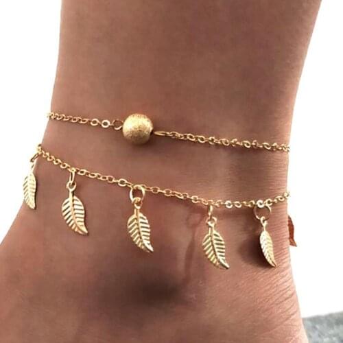Hot!!! Double Layer Leaves Charm Anklet Foot Chain Summer Women Sandal Ankle Bracelet
