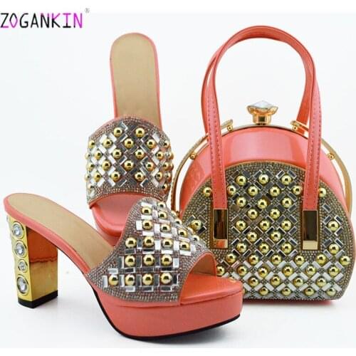 Pink Color Latest Summer Decorated With Stone Woman Shoes And Bags Set African Style High Heels Slipper And Bags For Party Dress