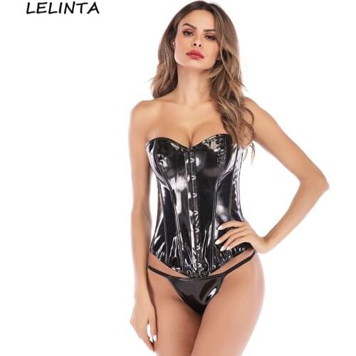 LELINTA Black PVC Leather Steampunk Gothic Wasit Trainer Overbust Corset Bustier Body Control Waist Push up Breast Wrap Corsets