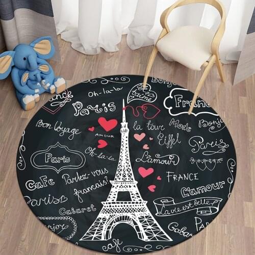 France Paris Tower Round Carpets for Living Room Letters Print Childrens mat Area Rug Black and White Floor Mat Kids Play Mat