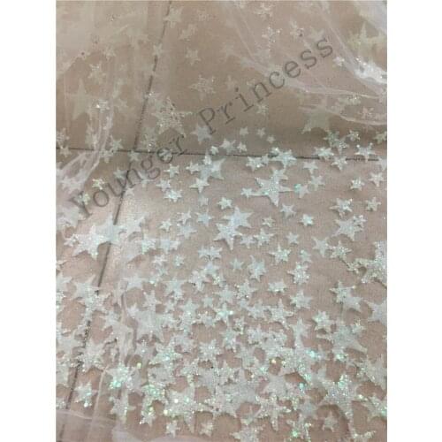 YG-73 Star design glued glitter african Tulle lace for nice dress modern design french net lace fabric in clear white color