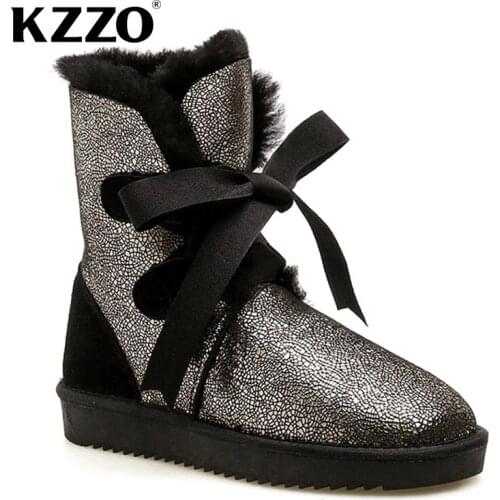KZZO High Quality Mid-Calf Boots Sheepskin Cross bandage Snow Boots Waterproof Natural Wool lined Winter Warm Shoes