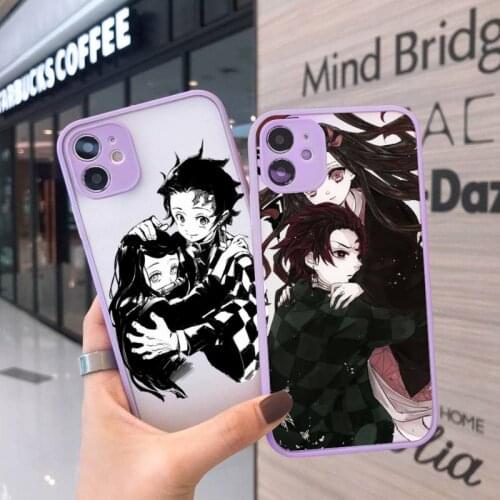 Demon Slayer Phone Case For iPhone 12 11 Mini Pro XR XS Max 7 8 Plus X Matte transparent Purple Cover