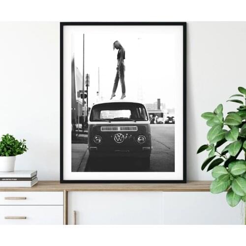 Fashion retro style Black and white photo poster Retro street art canvas painting Retro car VogueGirl picture Home decor