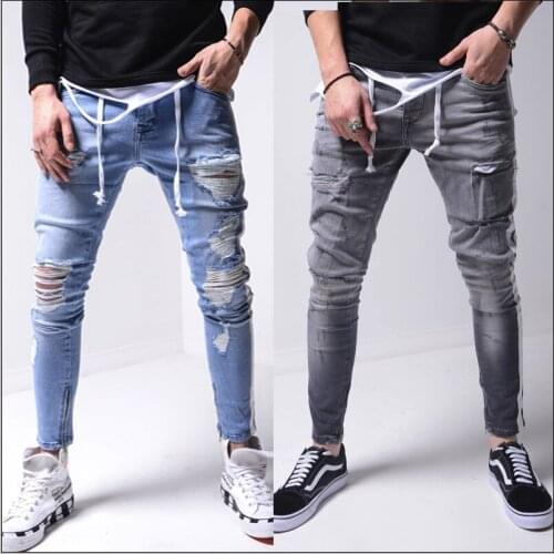 Men casual jeans spring and summer new fashion washed distressed hole male jeans with side stripes men pencil pants