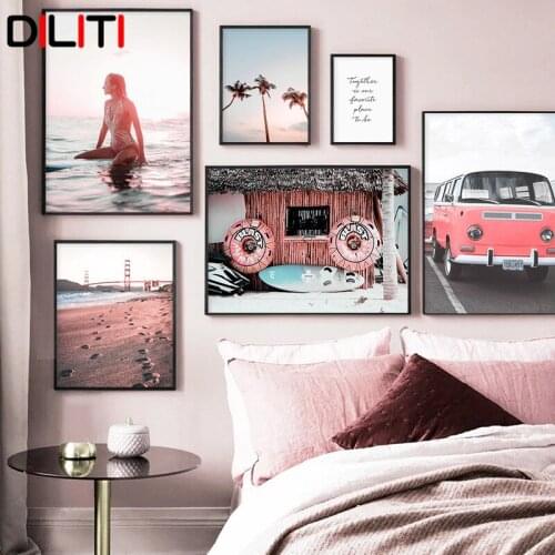 Surfing Girl Pink Car Summer Beach Wall Art Nordic Nature Landscape Posters and Prints Sunset Sea Canvas Painting Salon Decor