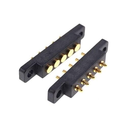 2 pcs Spring Loaded Connector Pogo Pin 5 Pin 2.54 mm Pitch Through Holes PCB Vertical With Flange Panel Mount Single Row Strip