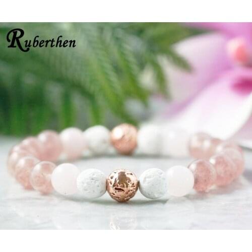 Ruberthen Strawberry Crystal Essential Oil Diffuser Bracelet Rose Quarz Aromatherapy Jewelry Fashion Women`s Yoga Mala Bracelet