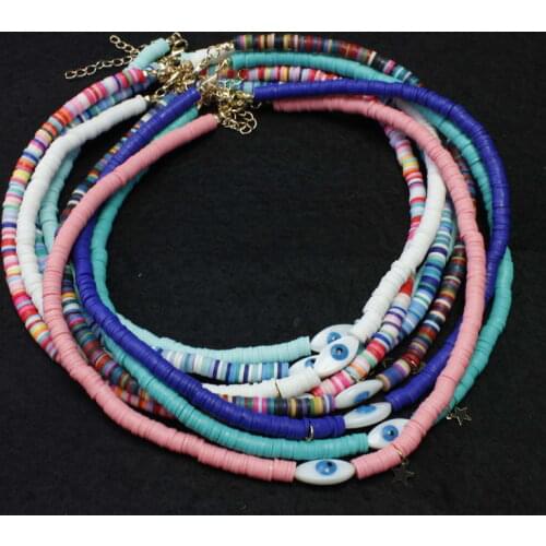 Evil Eye Polymer Clay Choker Necklace 2021 New Trendy Metal Star Charm Colorful Polymer Clay Disc Beads Necklace Jewelry