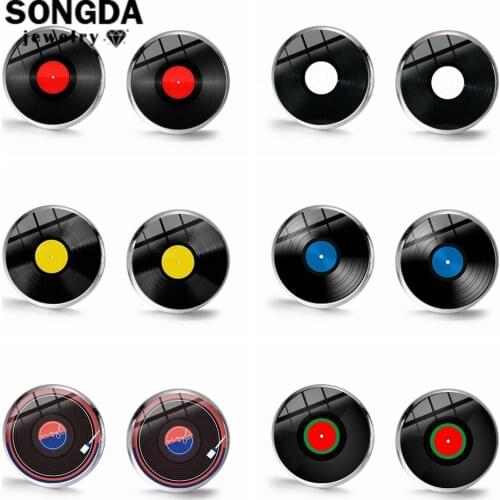 SONGDA Steampunk Vinyl Record Stud Earrings Creative Printed Glass Cabochon Earrings for Retro Music Lovers Party Gift Wholesale