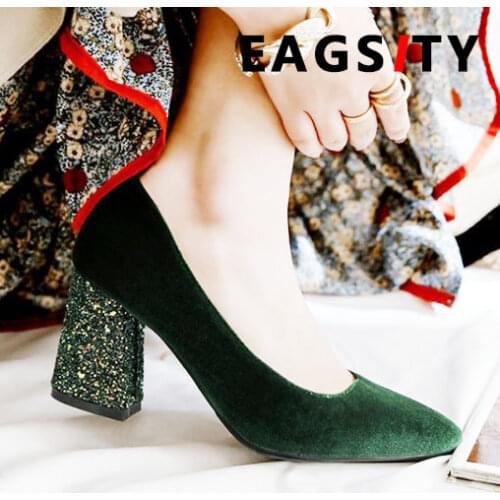 EAGSITY Velvet pumps women high heel shoes pointed toe block heels sequined heels ladies shoes dancing wedding party