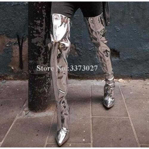 Silver Color Thin Heel Long Boots Woman Custom Large Size Over the Knee Boots Fashion Lady Pointed Toe Thigh High Boots