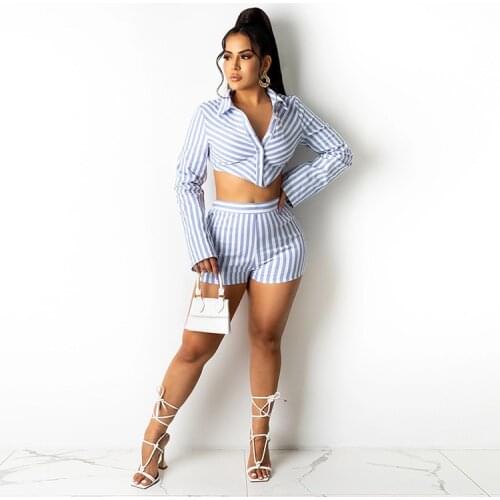 2021 Best Quality Fashion Design 2 pcs Women Set Striped Turn-down Collar Short Blouse and Shorts Summer Office Lady Outfits