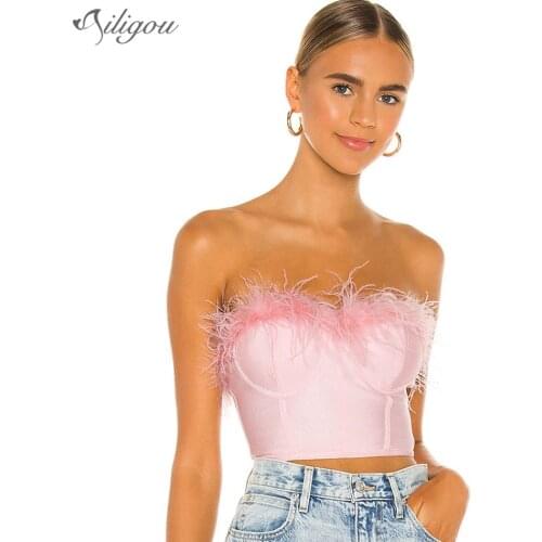 Ailigou 2021 Summer New Style Feather Decoration Sexy Corset Elastic Women Crop Top Women Short Tank