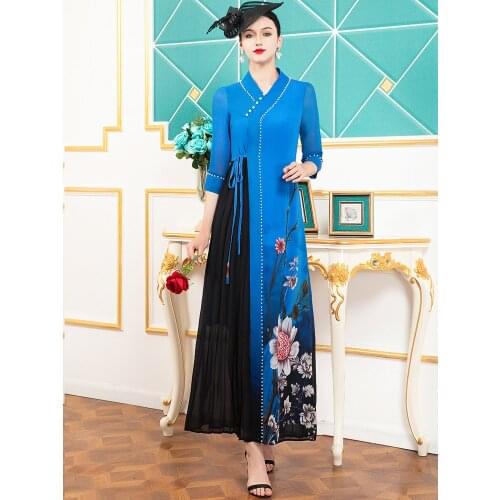 2021 Fashion Spring Autumn Chiffon Chinese Style Long Dress Women Embroidered Flares Maxi Dress Birthday Dress for Women DZ2779
