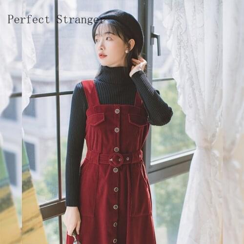 2021 Autumn Winter New Arrival High Quality Retro Slash Collar Collect Waist Women Long Corduroy Brace Dress