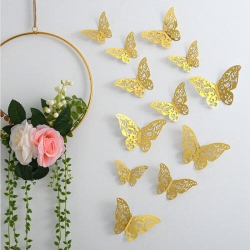 12pcs 4D Gold Hollow Butterfly Wall Sticker DIY Wedding Party Cake Decorations Kids Rooms Home Decoration Fridge Wall Stickers
